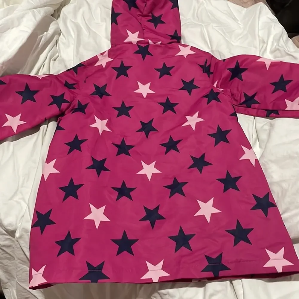 Gymboree S 5/6 lined hot pink star hooded raincoat pockets nwt